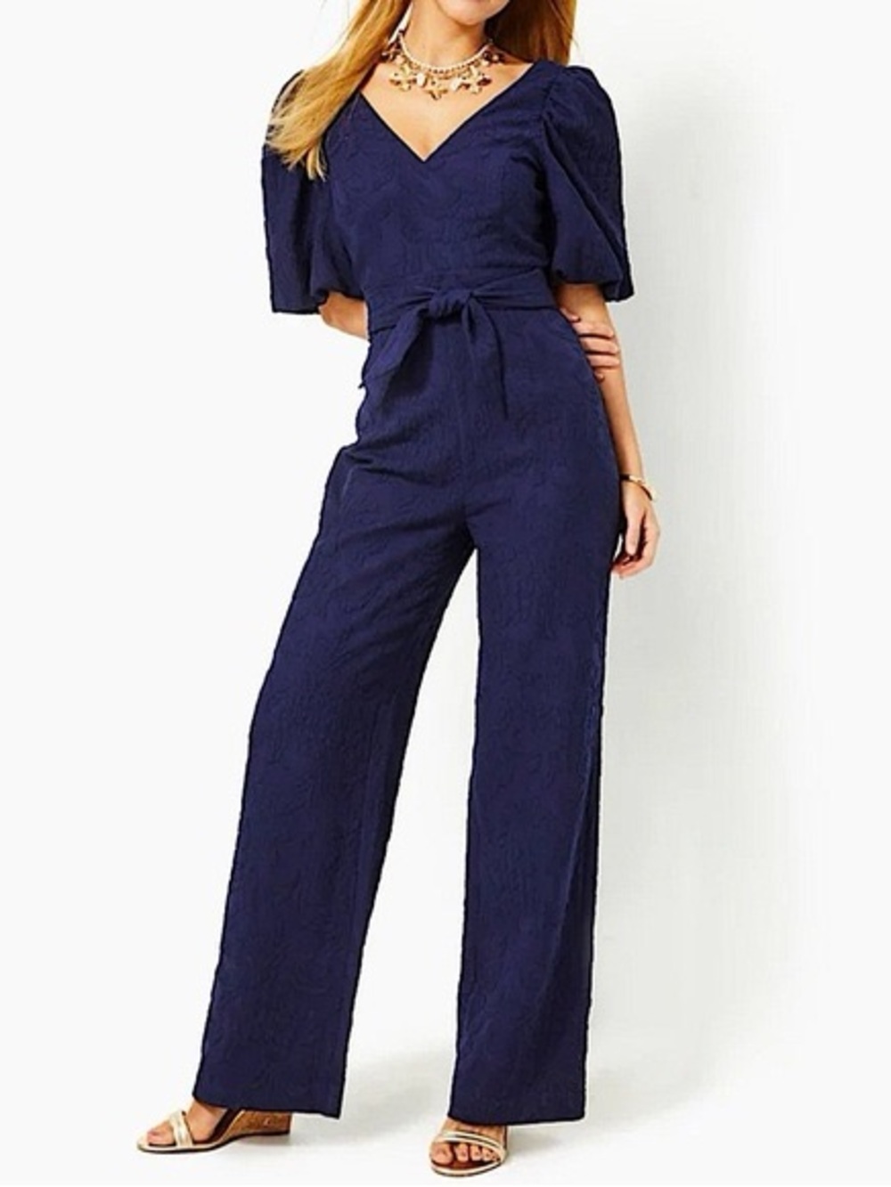 Lilly Pulitzer Navy V-Neck Wide-Leg Jumpsuit with Tie Waist